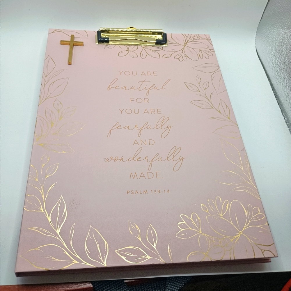 Pink w Gold Writing Clipboard Folio Hard Back w Refillable Pad, Pocket New